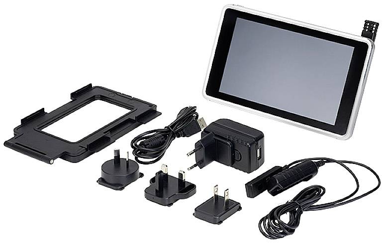 A satellite navigation device with multiple power plugs and cables. The device features a touchscreen and comes with internationally compatible adapters.