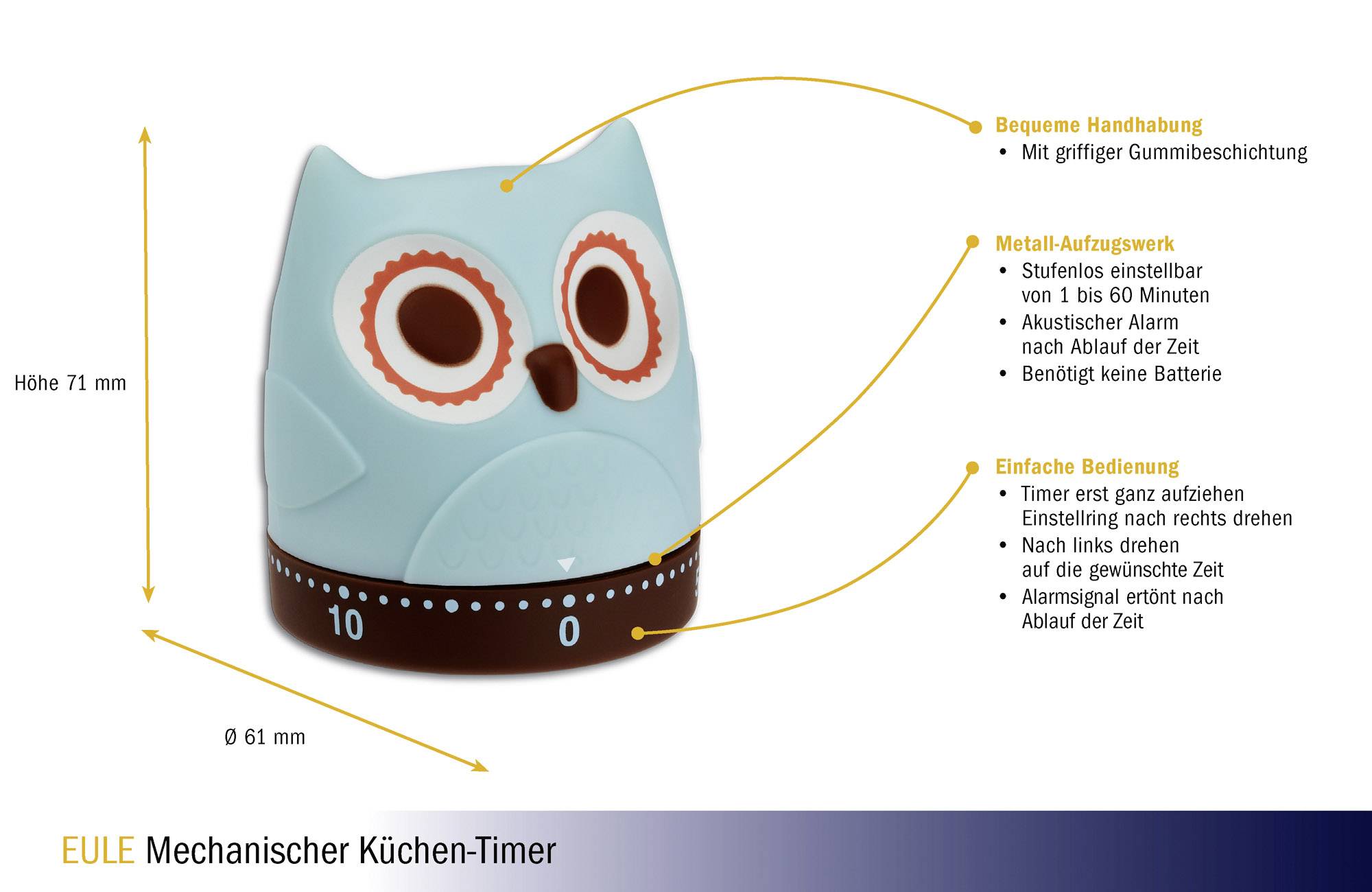 Owl-shaped Kitchen Timer with Labels Explaining Simple Operation, Sound and Time Control, and Handling