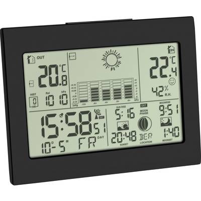Digital display of a weather station with temperature, humidity, time, date, and moon phase indicator. Left: 20.6°C, right: 22.2°C. Time: 15:59. Humidity: 42%.