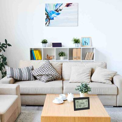 Bright living room with a light brown sofa, striped cushions and a coffee table with mugs. Wall-mounted shelving with books and plants, an abstract painting on the wall.