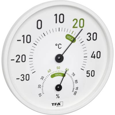 Round hygrometer-thermometer with two scales. Inner scale shows humidity, outer scale temperature. Temperature is approx. 21°C, humidity at 60%.