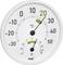 Round hygrometer-thermometer with two scales. Inner scale shows humidity, outer scale temperature. Temperature is approx. 21°C, humidity at 60%.