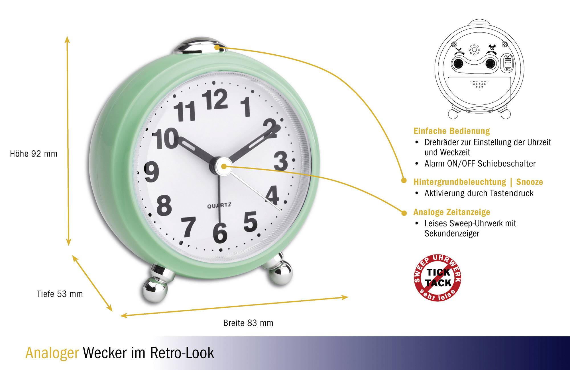 "Retro-style Analogue Alarm Clock" with a green casing. Displays the time, features backlighting and a quiet sweep movement. Operated via rotary controls.