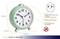 "Retro-style Analogue Alarm Clock" with a green casing. Displays the time, features backlighting and a quiet sweep movement. Operated via rotary controls.