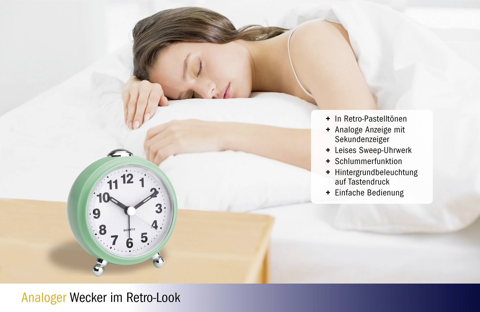 A woman is sleeping beside an analogue alarm clock with a retro design. The text highlights the clock's features, such as its pastel tones and quiet mechanism.