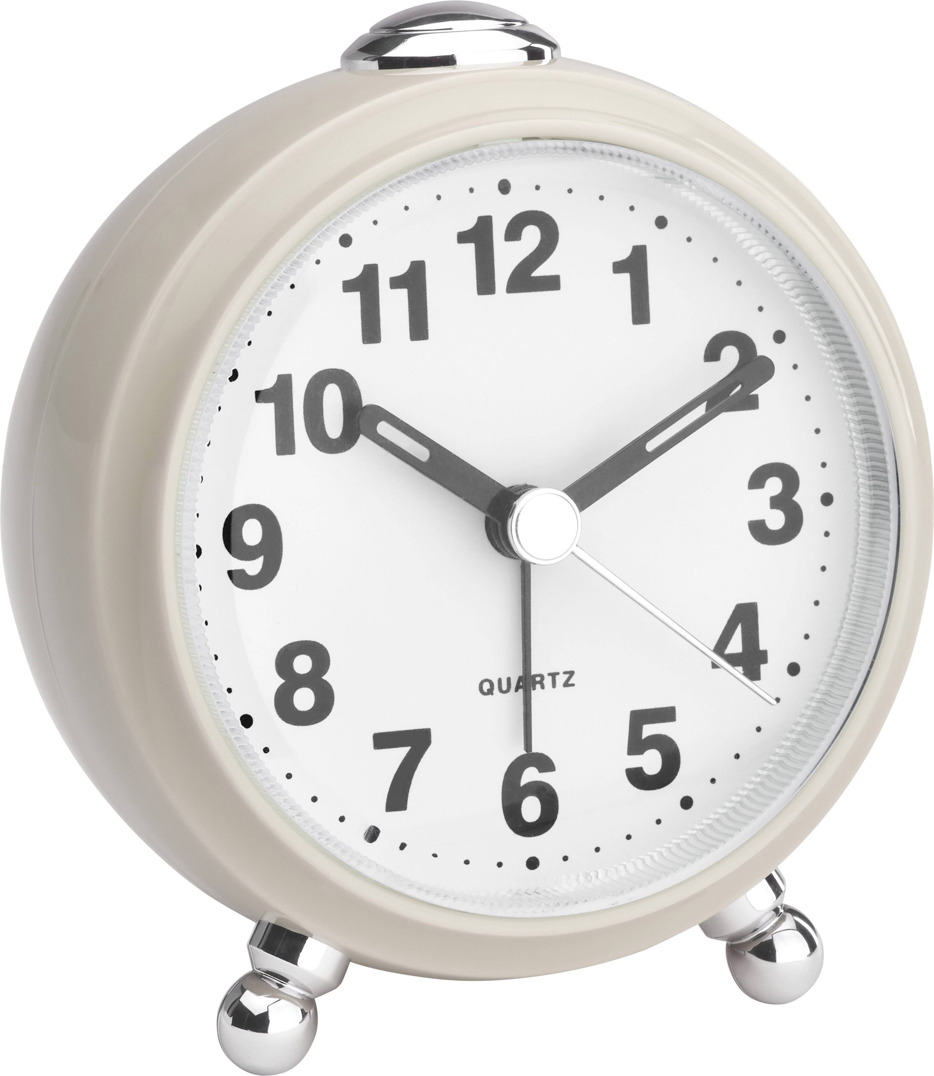 A round, cream-coloured alarm clock with a dial shows 10:10. The clock has silver hands and stands on two small feet.