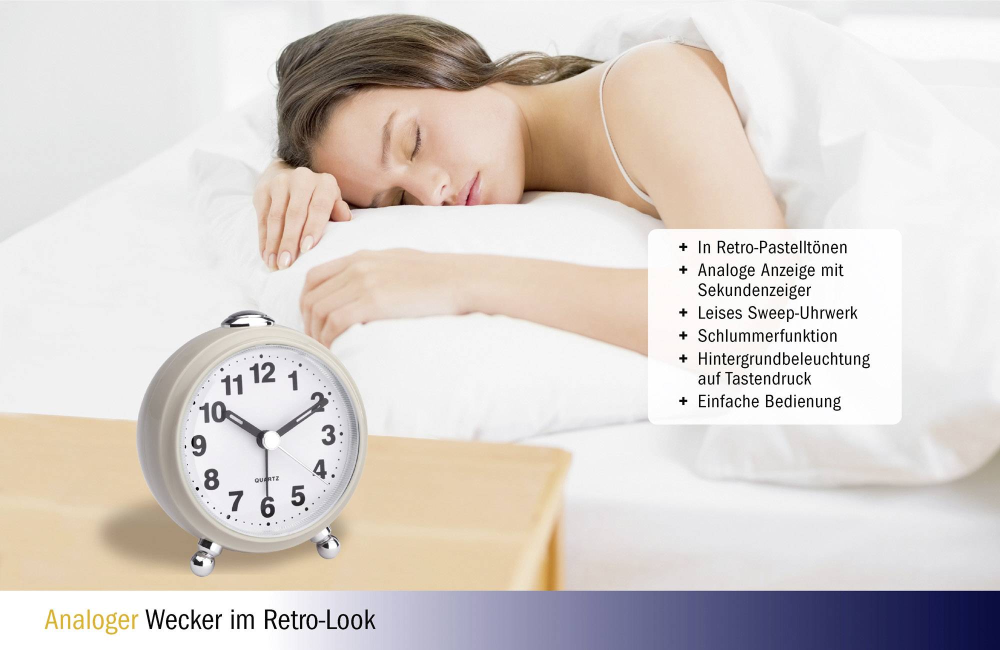 A woman is sleeping on a pillow. Next to her is an analogue alarm clock in retro pastel colours with description: quiet mechanism, snooze function, backlight.
