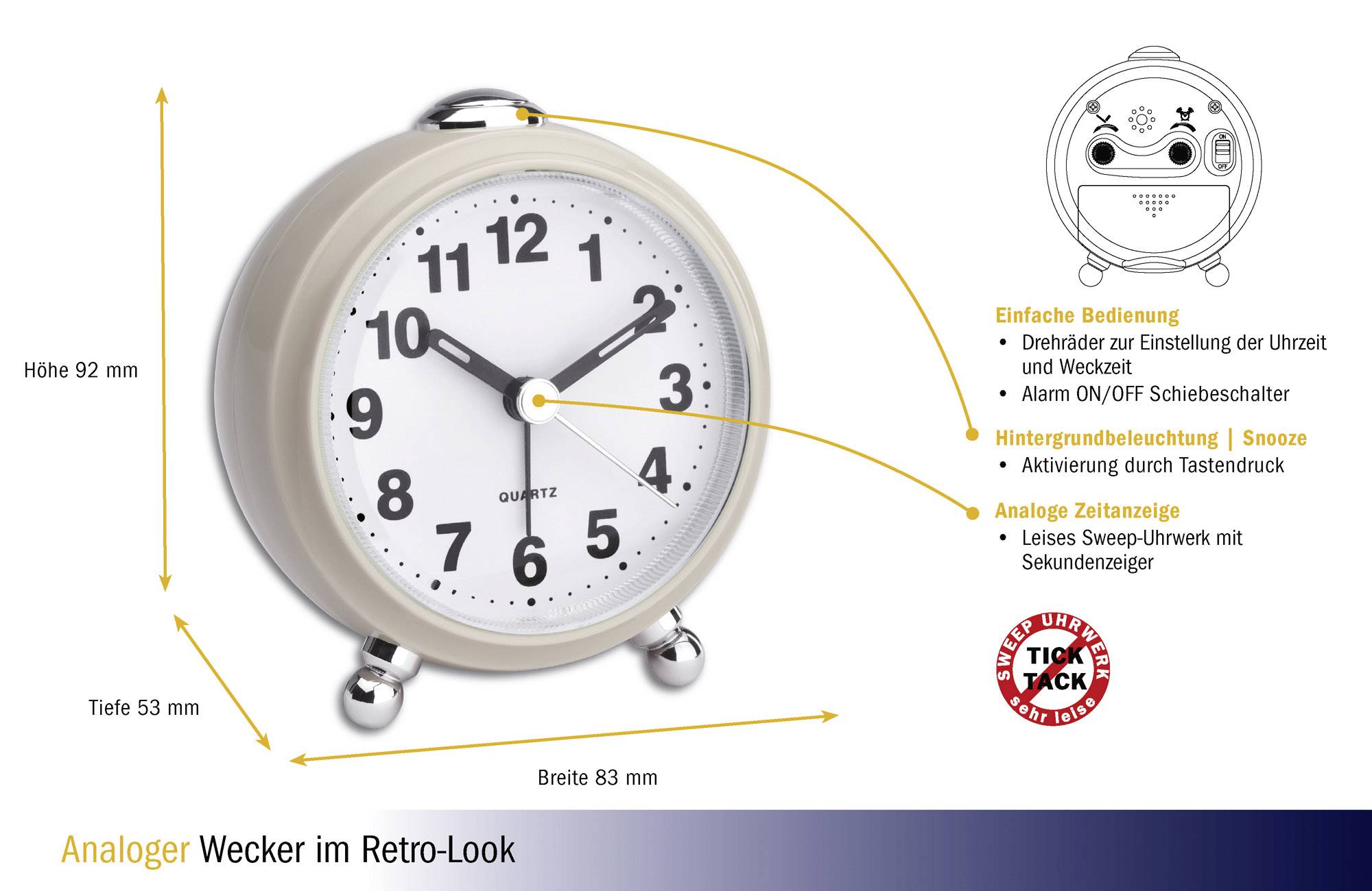 'Retro-Style Analogue Alarm Clock', displays time and offers simple operation with rotary dial and switches. Height 92 mm, width 93 mm.