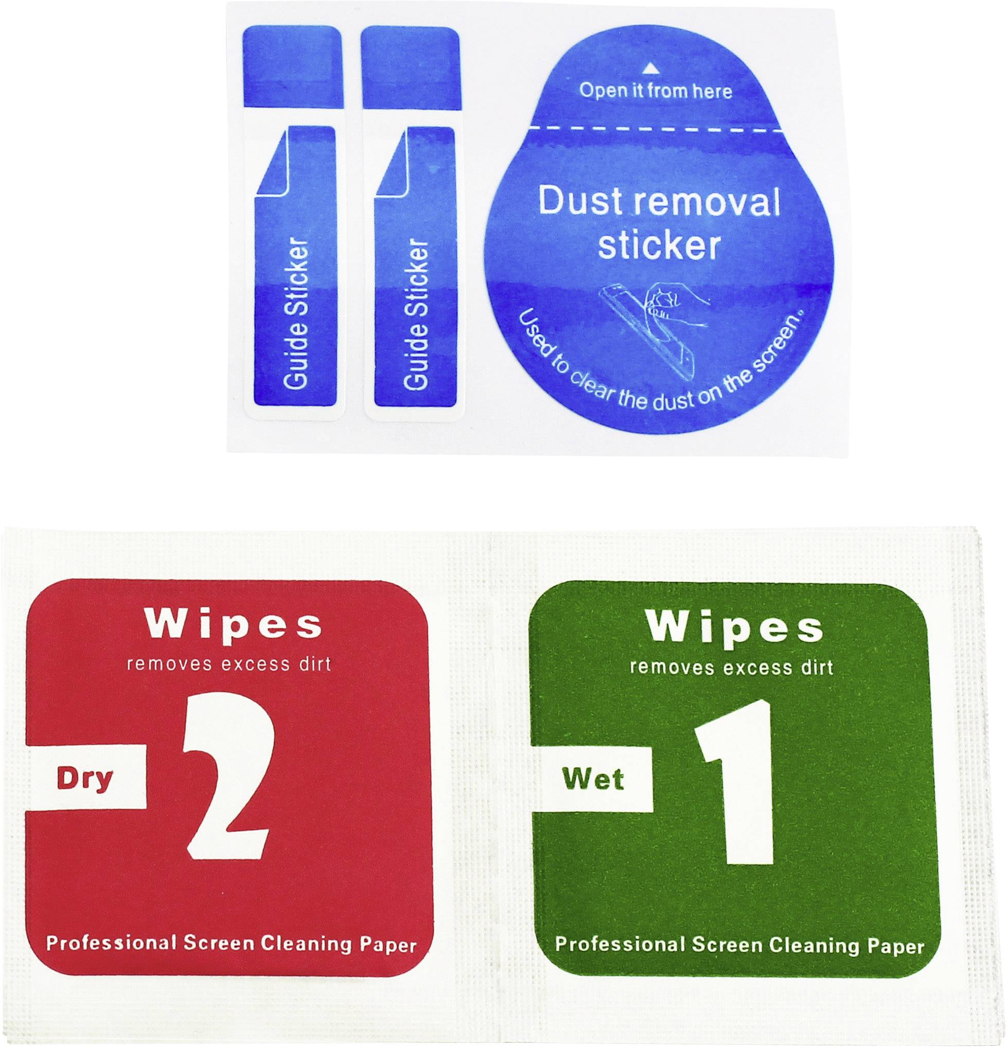 Screen Cleaning Accessories: Two guide stickers, one dust removal sticker, two cleaning cloths ('Dry 2' and 'Wet 1').