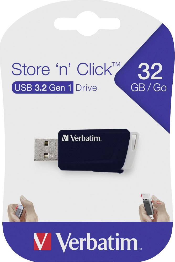 'Verbatim Store 'n' Click' USB drive with 32 GB storage capacity. Shows detailed view of the drive and a hand opening the cover.