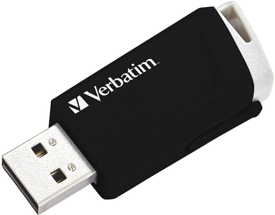 A black Verbatim USB drive with a removable cap, commonly used for data storage and transfer.