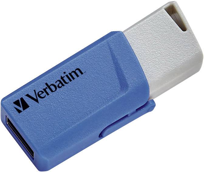A blue USB stick by Verbatim with a removable cap that reveals the metal connection.