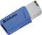 A blue USB stick by Verbatim with a removable cap that reveals the metal connection.
