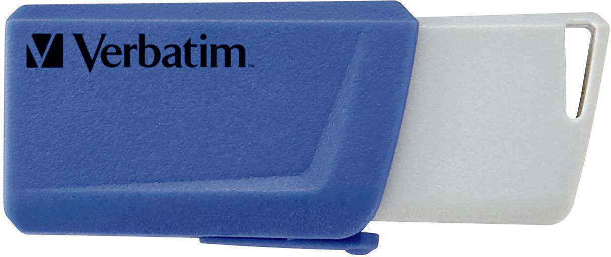 A blue USB stick with the inscription 'Verbatim', partially extended.