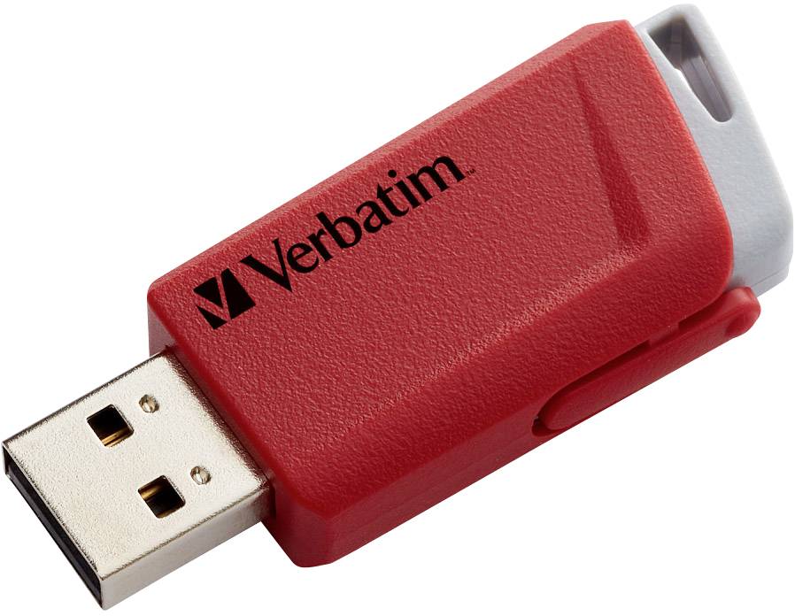 Red USB flash drive with grey protective cap, Verbatim brand.