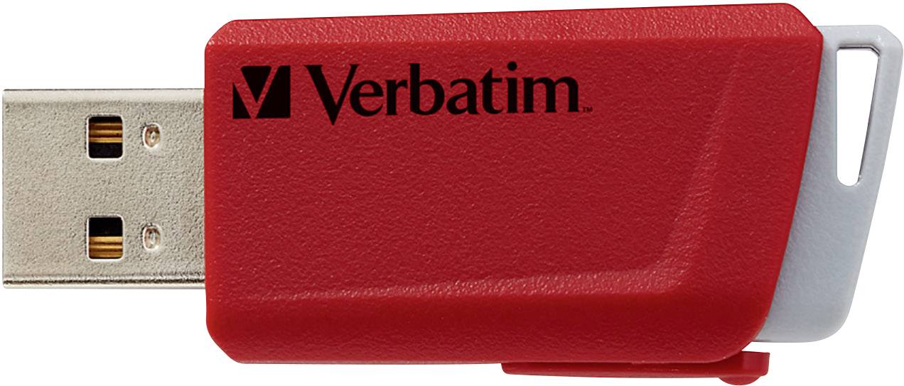 Red USB flash drive by 'Verbatim', partially uncovered.