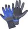 Two protective gloves, blue and black, with a rubber-coated palm and back of hand for improved grip and protection.