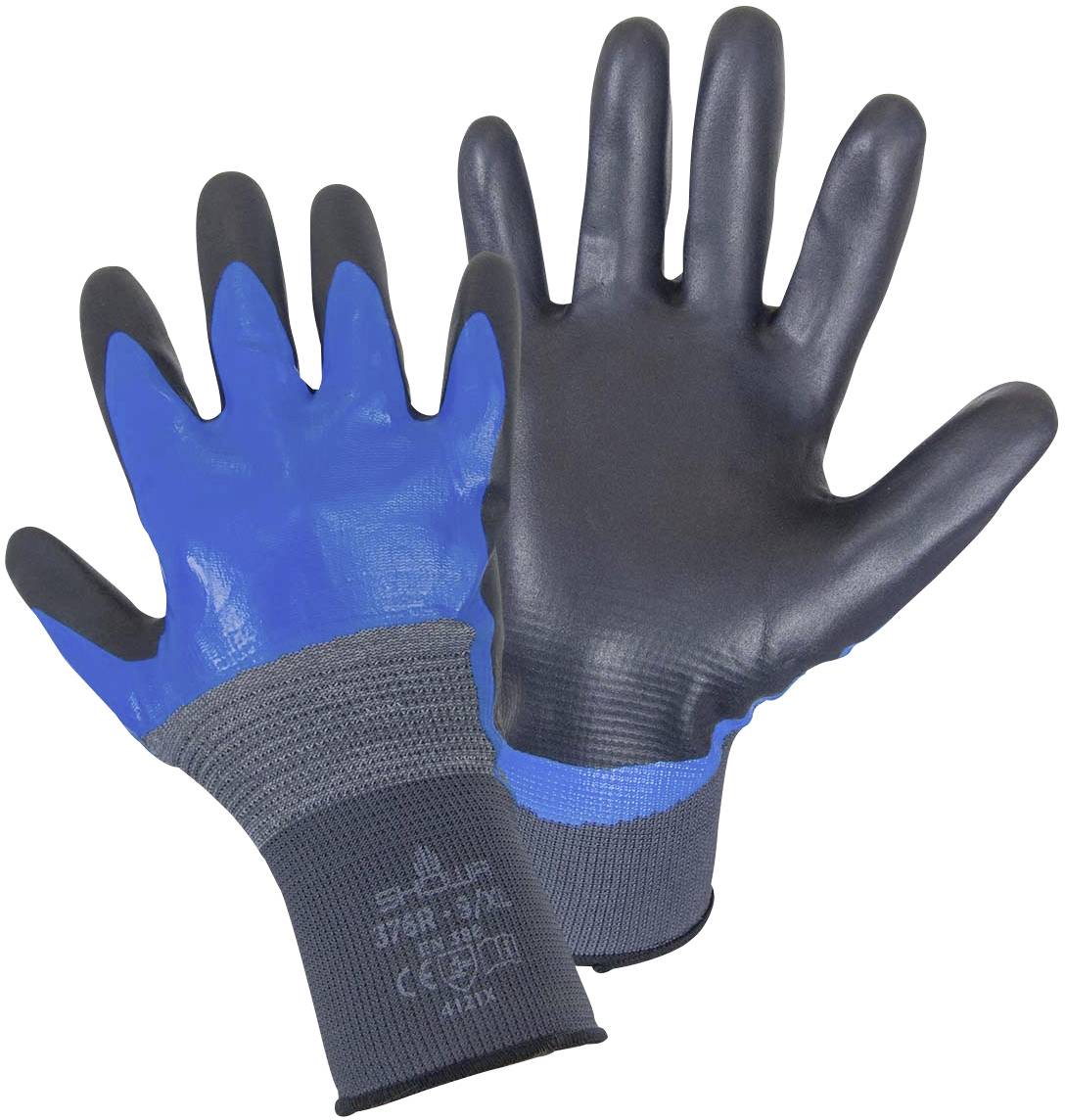 Two protective gloves, one showing the blue palm, the other the black upper side. Suitable for workplace safety.