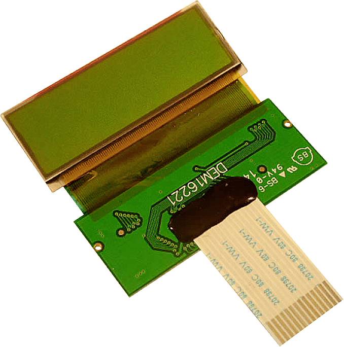 An LCD display module with a green screen and a circuit, connected by a flat ribbon cable, on a white background.