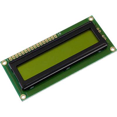 Green LCD module with black frame, rectangular display, gold connector contacts on top, mounted on green circuit board.