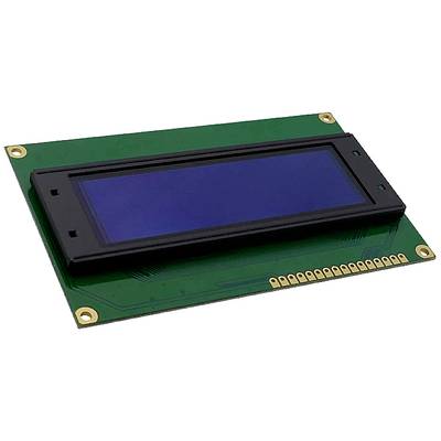An LCD display module with a blue screen on a green circuit board, used for displaying information in electronic devices.