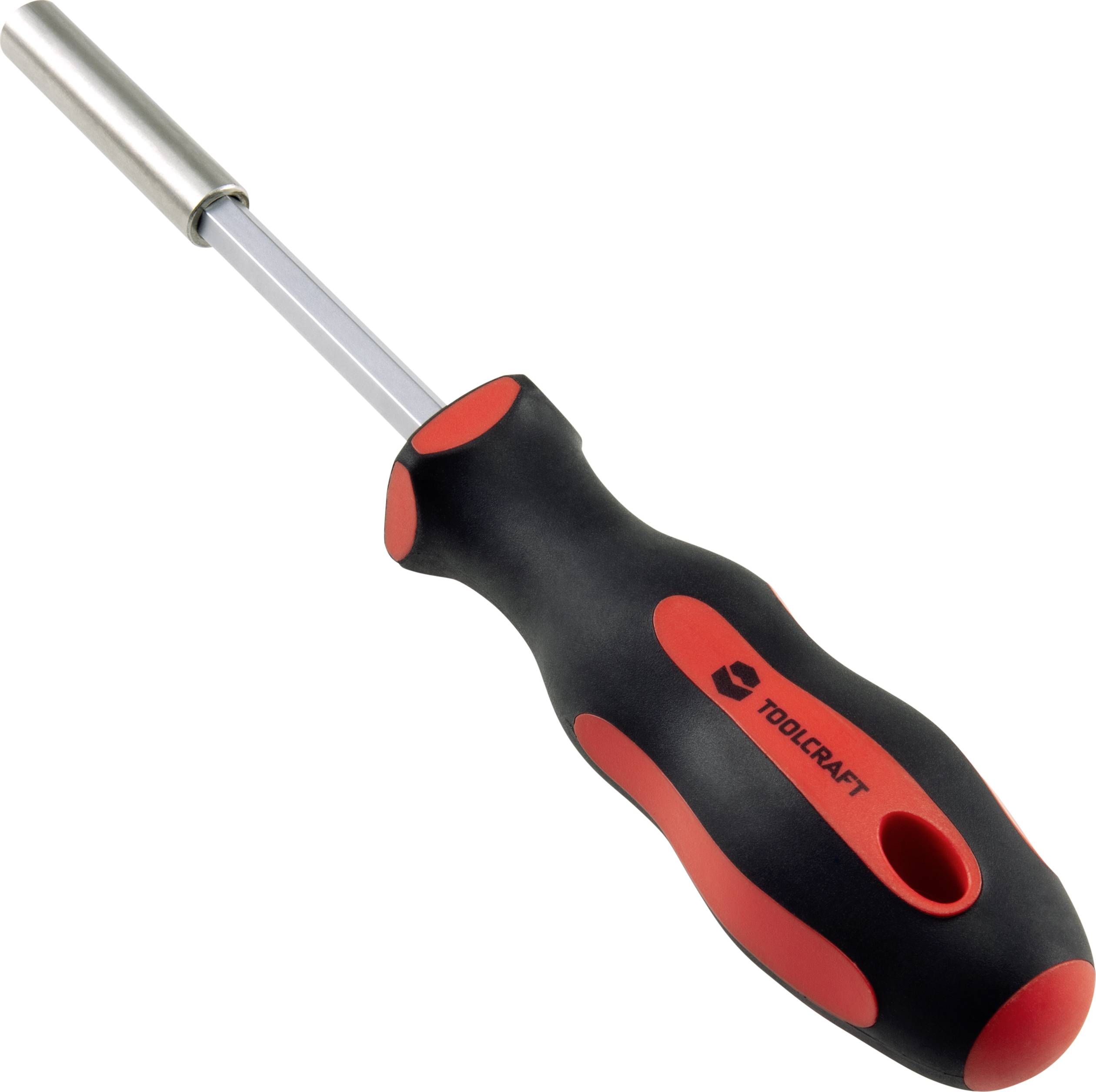Screwdriver with black and red handle, 'Toolcraft' brand name printed on it.