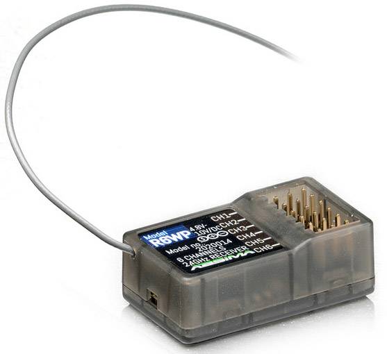 A small, transparent receiver for remote-controlled devices with multiple connection pins and a thin, long antenna cable.
