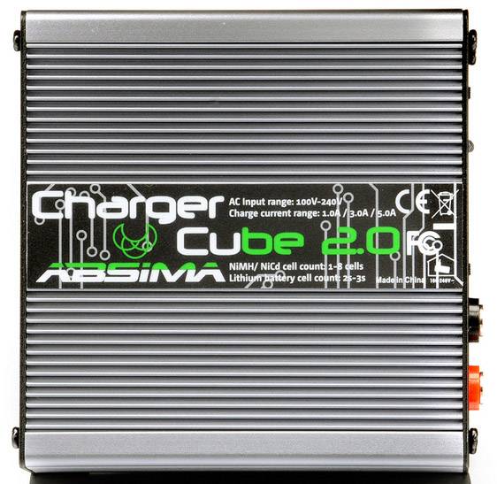 Electric Charger 'Charger Cube 2.0' with voltage range 100V-240V. Charges NiMH/NiCd cells (1-8 cells) and lithium batteries (2-3S).