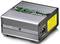 A silver, cuboid charger with black stripes and a yellow warning label, suitable for AC input 100-240V.