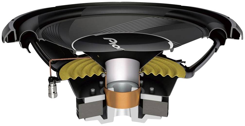 Cross-section of a loudspeaker: Visible are the membrane, voice coil, magnets and connections, crucial for the sound.