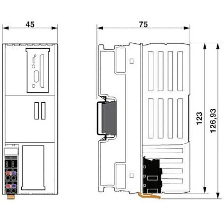 Technical drawing of an electrical device with dimensions: Width 45 mm, Height 126.93 mm, Depth 75 mm. Shows front and side view.