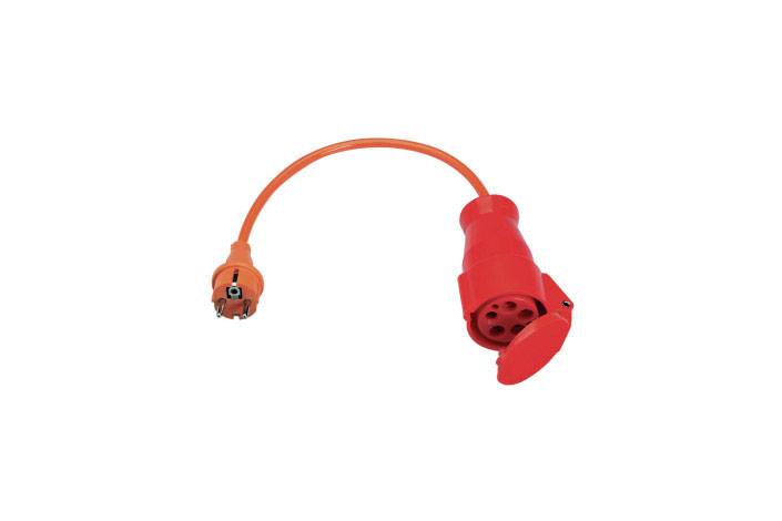 Red adapter cable with a Schuko plug on the left side and a red CEE socket with a cover on the right side.