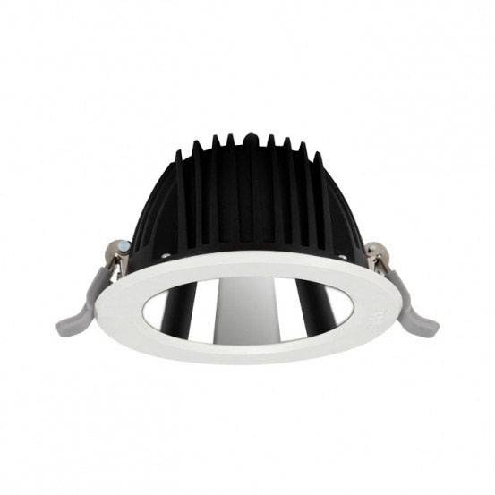 Round LED ceiling light with black heatsink and white frame. Suitable for modern interior lighting.