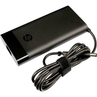 A black HP laptop charger with cable, coiled and secured with a Velcro strap.