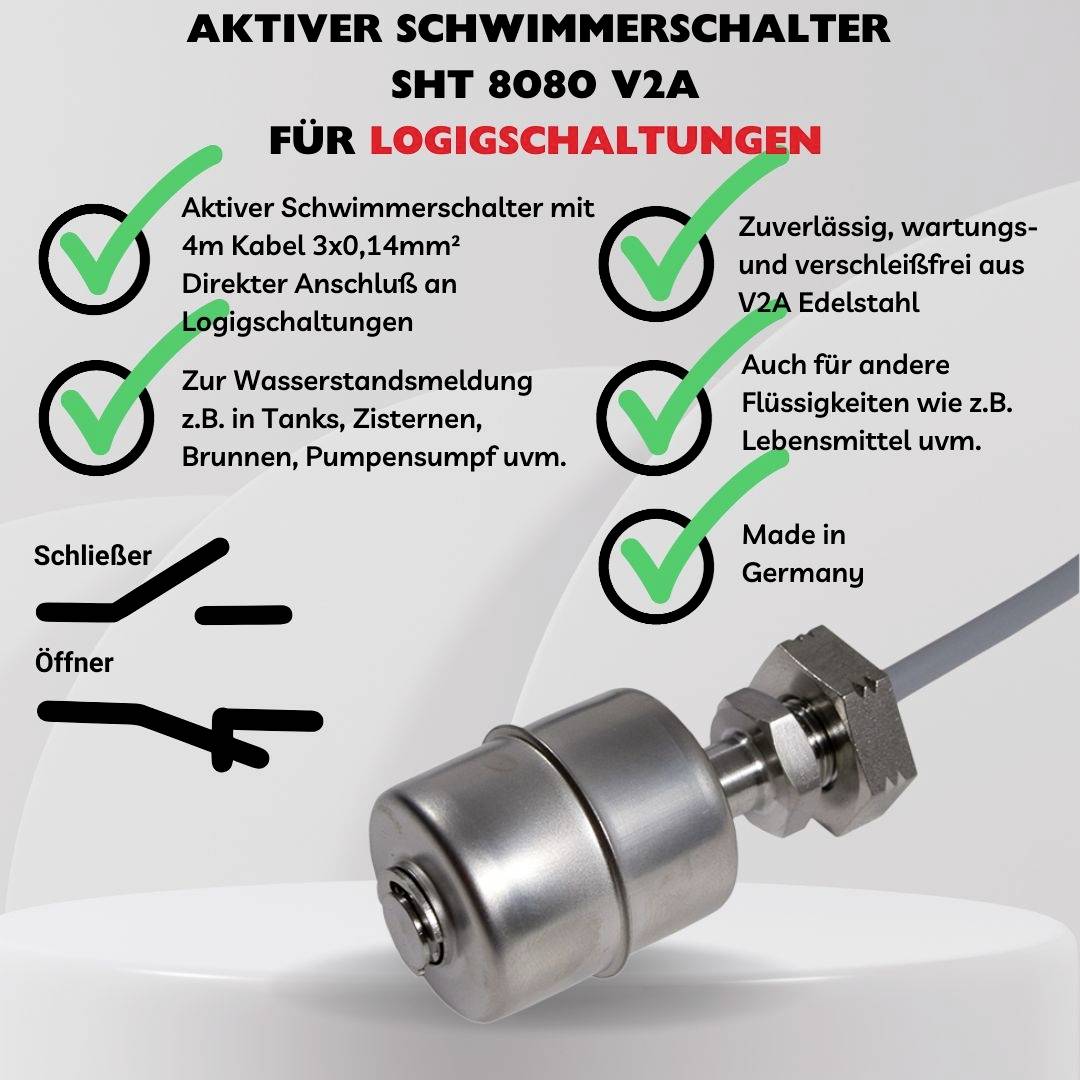 Stainless steel float switch for logic circuits. Characteristics: reliable, maintenance-free, suitable for water level reporting.