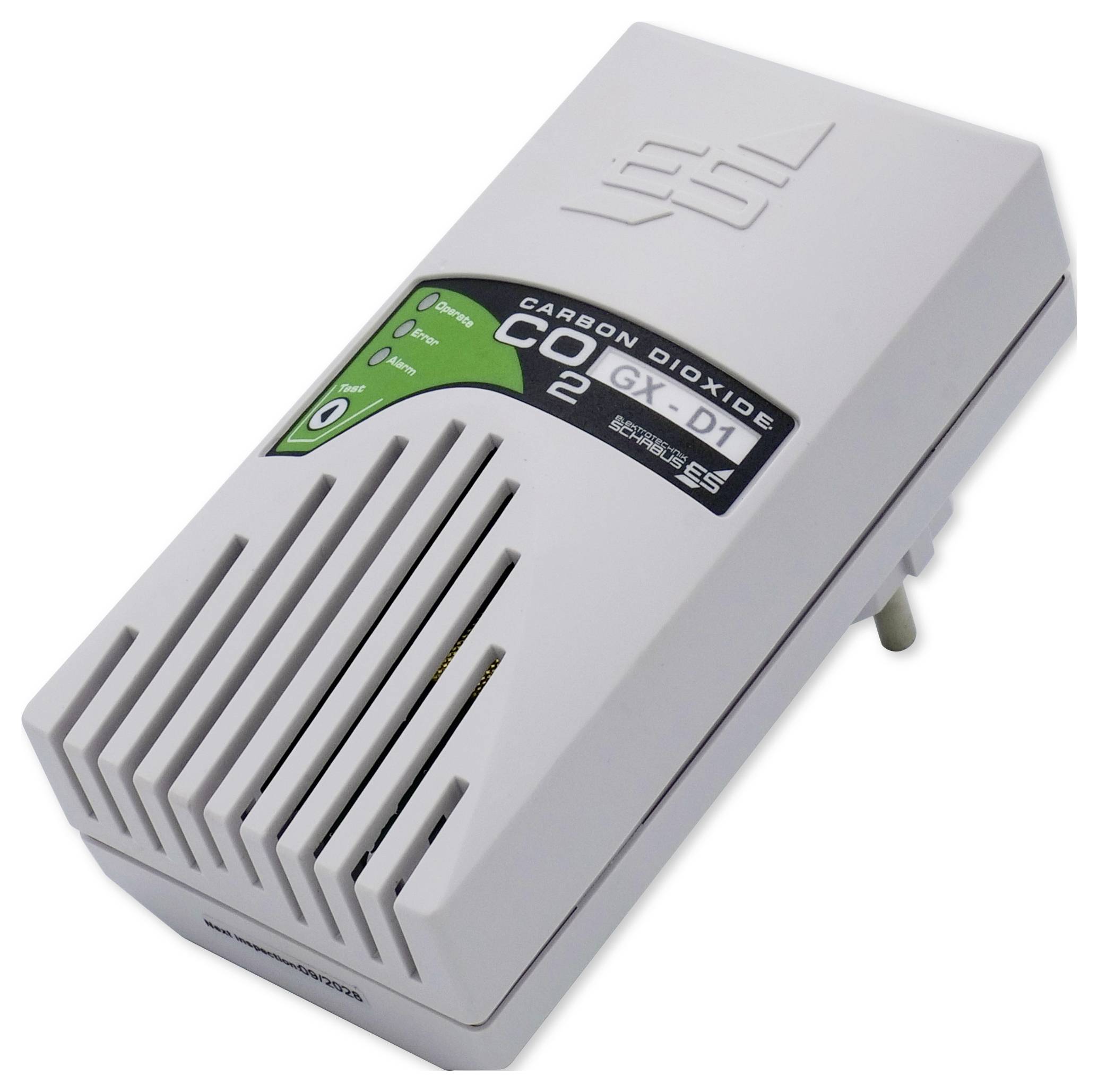 A white CO2 metre with green and white indicators displays the CO2 concentration. The front has ventilation slots.