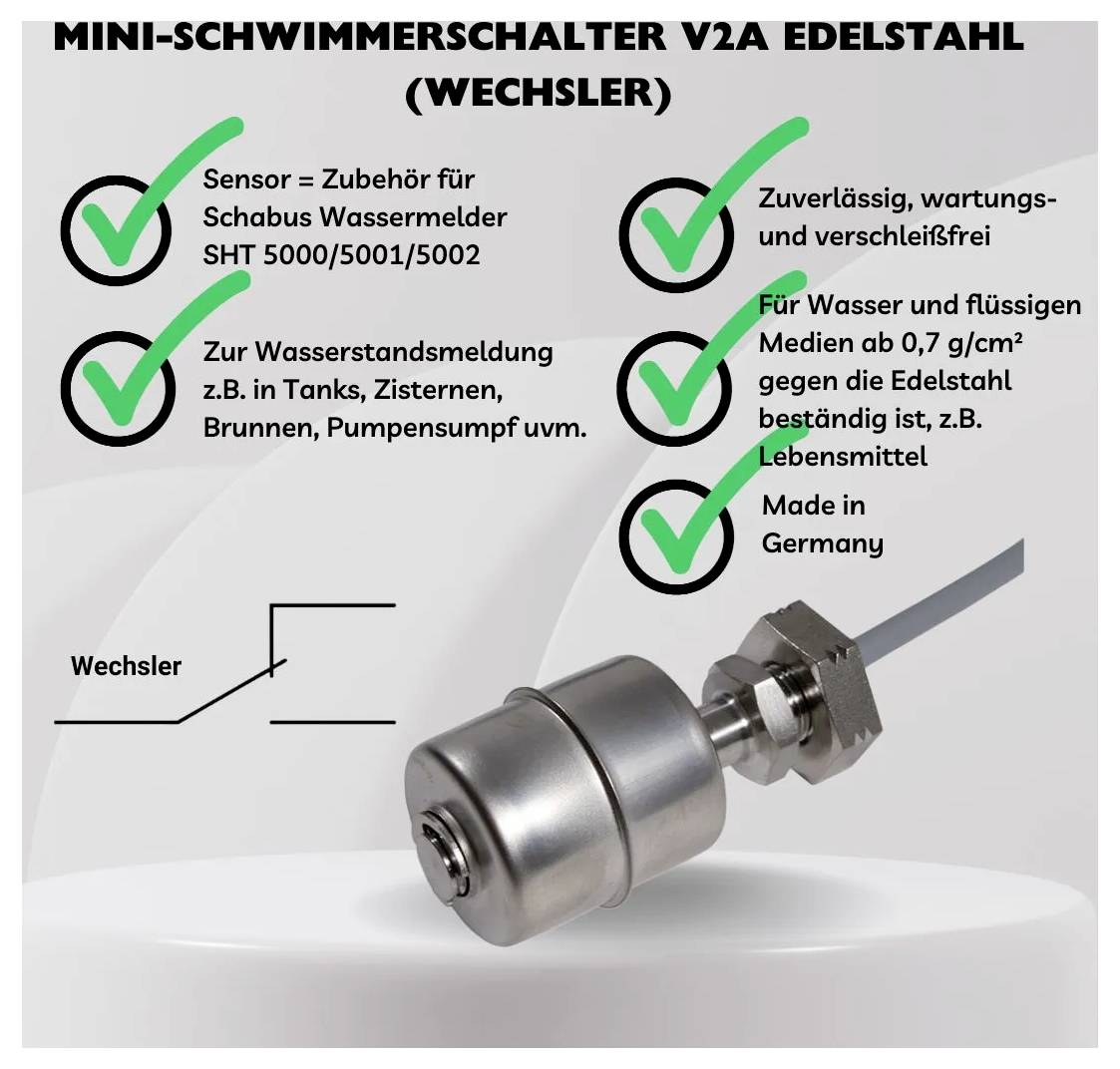 'MINI FLOAT SWITCH V2A STAINLESS STEEL (CHANGEOVER) Sensor for Water Levels. Robust Design, Reliable, Chemical-Resistant, Made in Germany.'