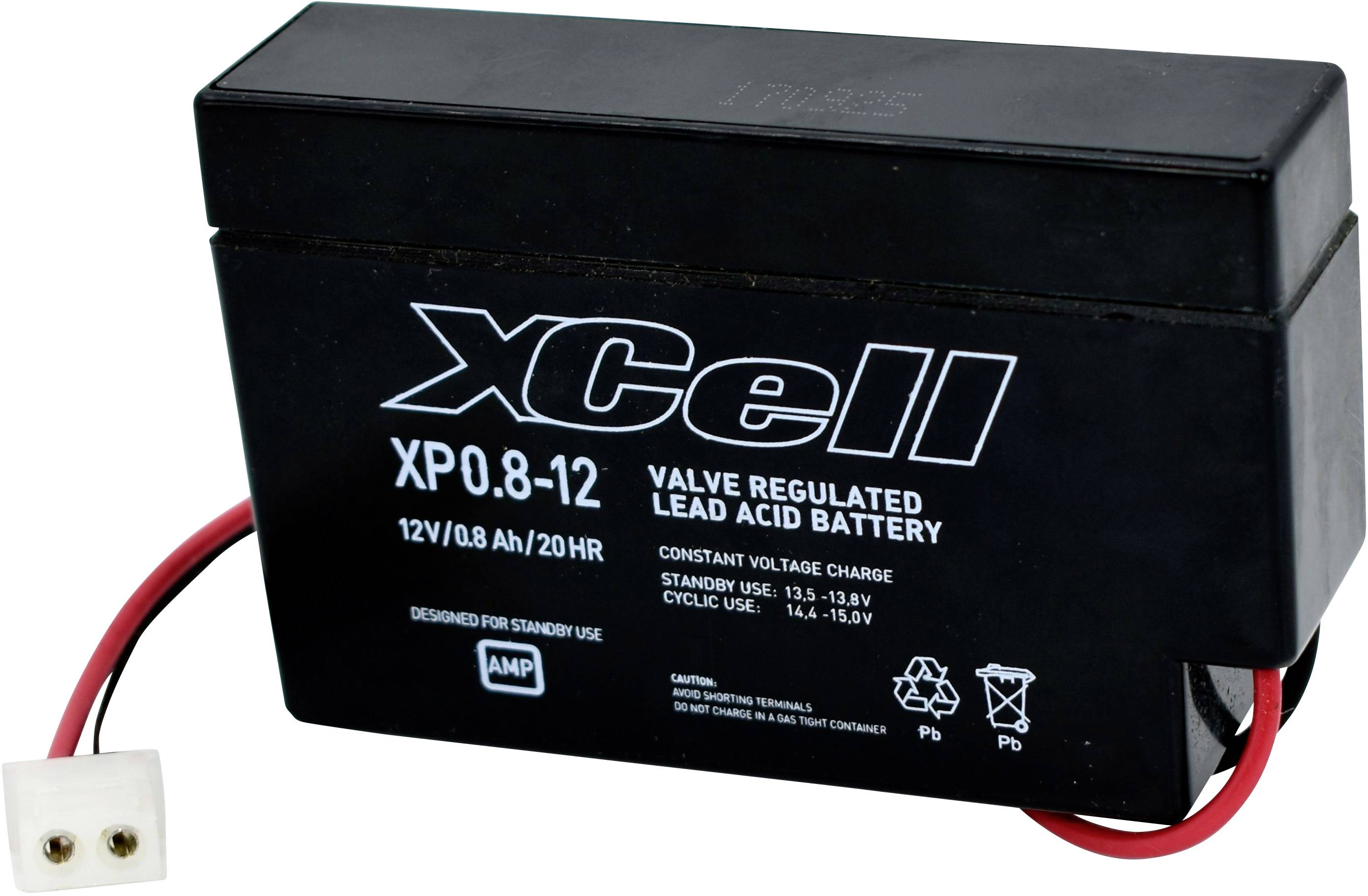 Black lead-acid battery with the inscription 'xCell XP 0.8-12', 12V voltage. Contains recycling symbols and warning labels.