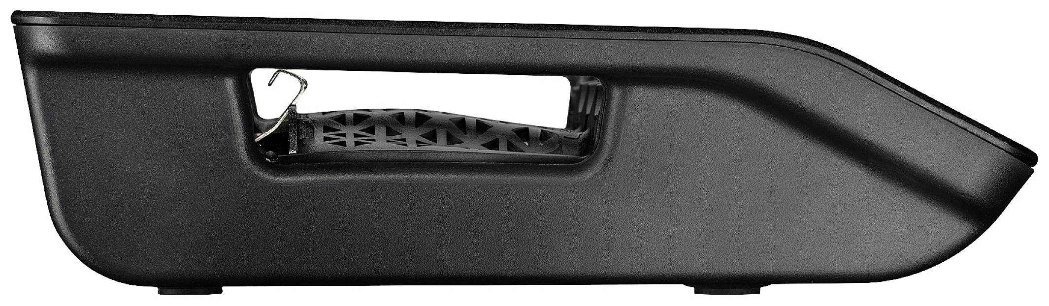 Black mousetrap with a small hole and grip handle. Side profile with clearly visible spring mechanism.