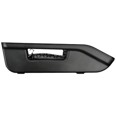 Black mousetrap with a small hole and grip handle. Side profile with clearly visible spring mechanism.