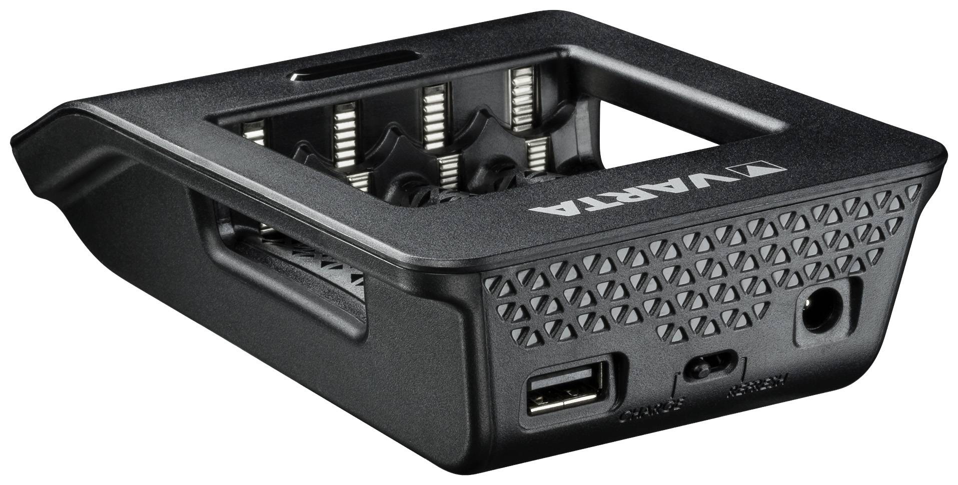 A black, rectangular device with a USB port and multiple ports on the front, likely an electronic charger.