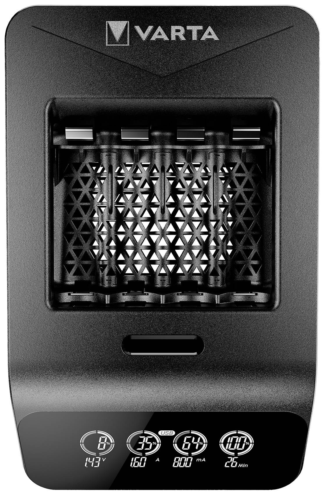 A black battery charger with a digital display shows charging information: voltage, capacity, current, and remaining time.