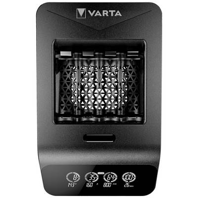 A black battery charger with a digital display shows charging information: voltage, capacity, current, and remaining time.