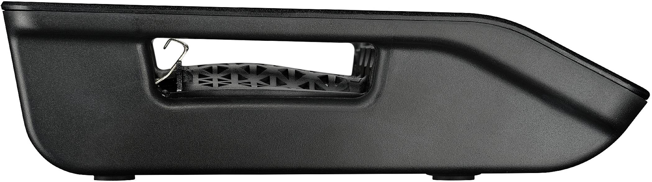 Black file folder viewed from the side, showing the lever and internal metal components.