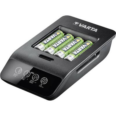 Battery charger with four inserted Varta AA batteries and LED display showing charging time, capacity, and voltage at the front.
