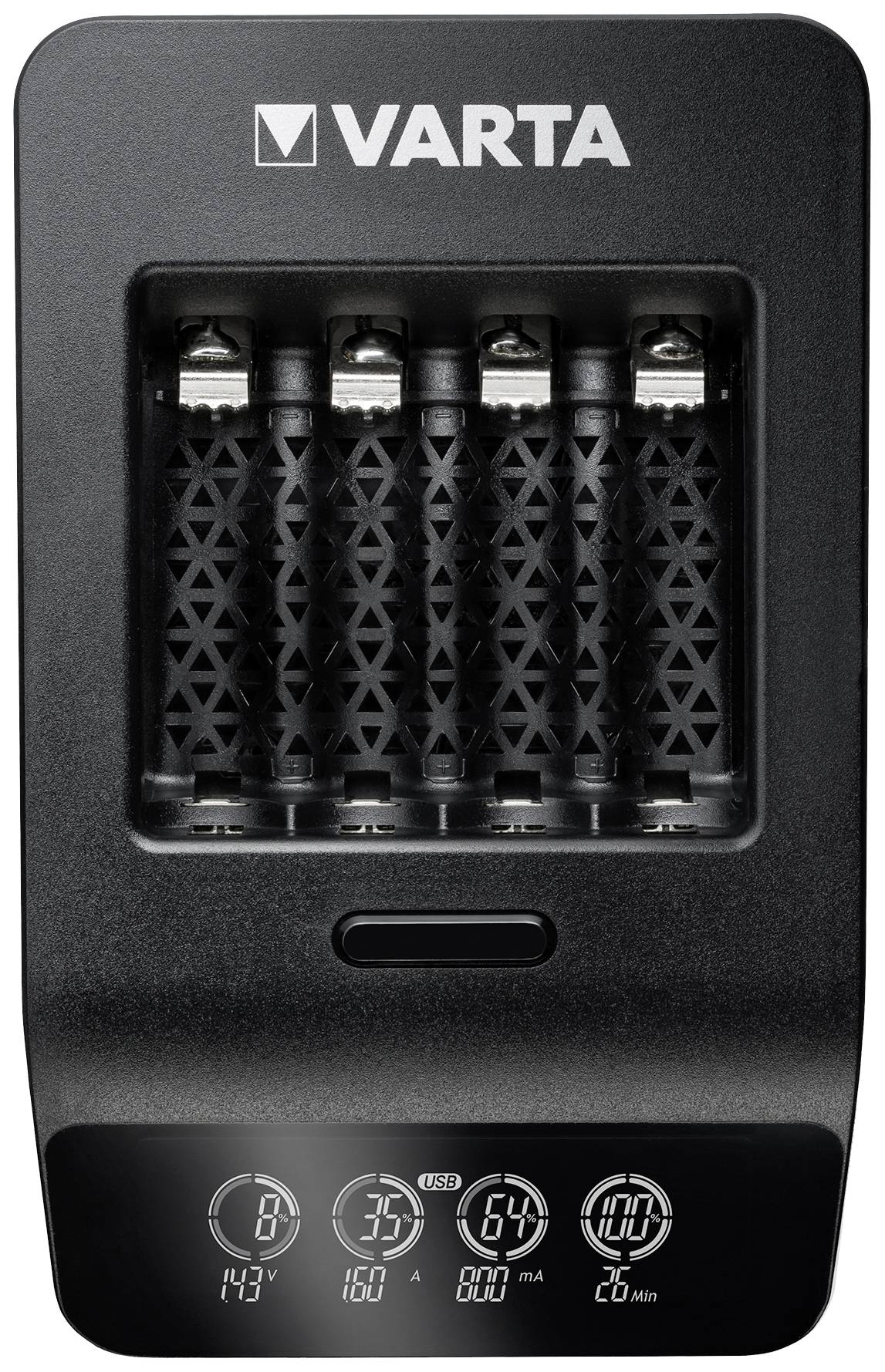 'VARTA' battery charger, displaying four AA batteries. Digital display below showing information on voltage, current, and charging time.