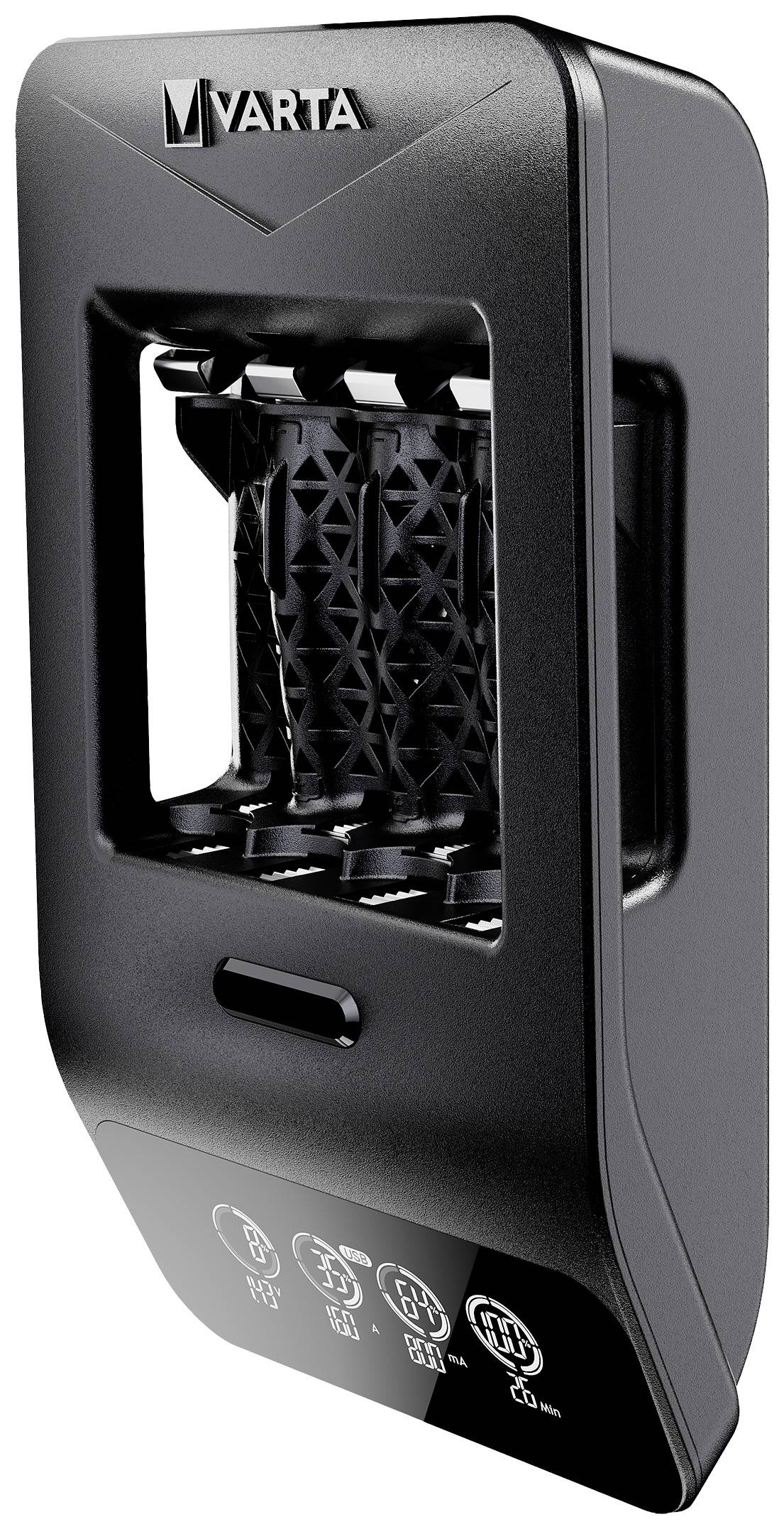 A black VARTA battery charger that provides space for four AA batteries. It has symbols on the front for charging indication.