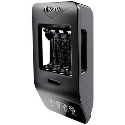 A black VARTA battery charger that provides space for four AA batteries. It has symbols on the front for charging indication.