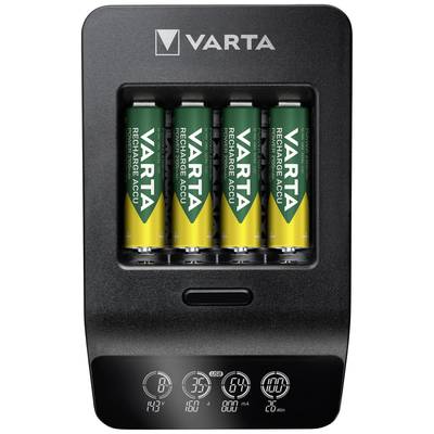 Charger with four inserted rechargeable VARTA batteries; displays charging status and remaining time on a digital display.
