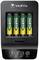 Charger with four inserted rechargeable VARTA batteries; displays charging status and remaining time on a digital display.